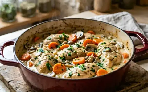 Un plat fumant de fricassée de volaille, avec des morceaux de poulet tendres, des champignons et des carottes dans une sauce crémeuse, garni de persil frais.
