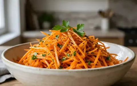 Une salade de carottes traditionnelle, râpées finement et parsemées de persil frais et de poivre noir, dans un bol en céramique.
