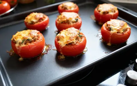Tomates farcies au fromage fondant, prêtes à être dégustées après cuisson chaleur tournante.