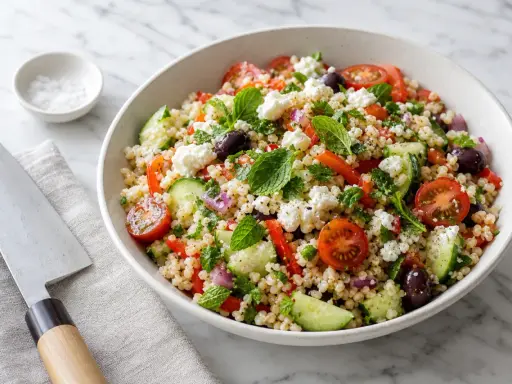 Salade de riz colorée avec tomates, concombre, olives, feta et menthe fraîche. Un plat estival parfait.
