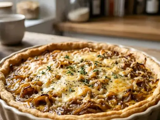Une délicieuse quiche oignons fromage, dorée et gratinée, garnie de thym frais. Parfaite pour un repas réconfortant.