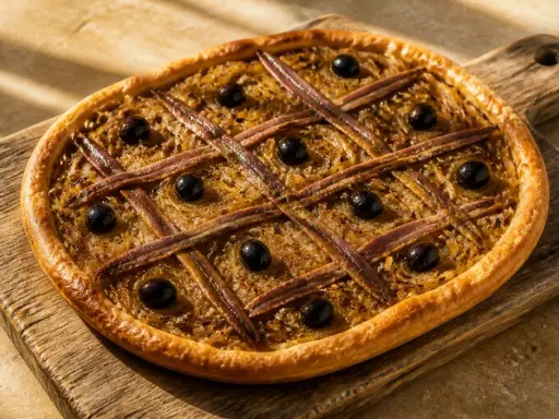 Pissaladière aux anchois et olives sur pâte brisée ou feuilletée, un délice provençal.