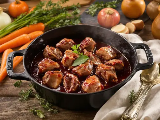 Joue de porc en cocotte, tendres morceaux nappés d'une sauce savoureuse, accompagnés de carottes et d'oignons.