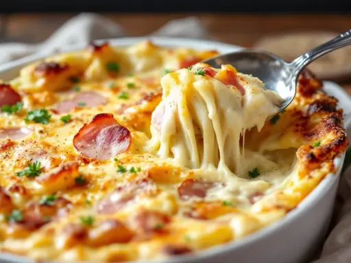 Un gratin d'endives à la béchamel réconfortant, avec du fromage fondant et des lardons croustillants. Une cuillère en prélève une portion généreuse.