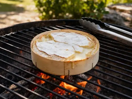 Un camembert au barbecue fond sur les braises. Des pinces à barbecue sont posées à côté, prêtes à servir ce délice crémeux.