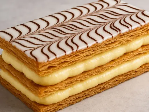 Un millefeuille croustillant avec une crème pâtissière onctueuse et un glaçage blanc décoré de volutes chocolatées.