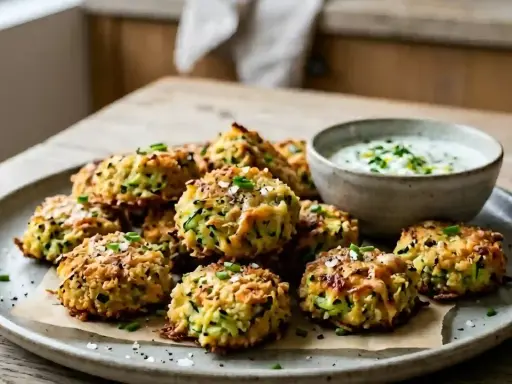 Petits beignets de courgettes dorés, parfaits pour un apéritif facile. Servi avec une sauce crémeuse.
