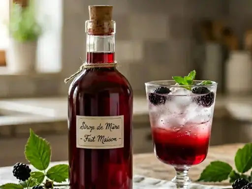 Bouteille de sirop de mûres fait maison à côté d'un verre de boisson pétillante aux mûres et à la menthe.