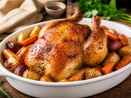 Canette rôtie dorée, entourée de carottes, pommes de terre et oignons. La meilleure recette canette au four pour un repas savoureux.