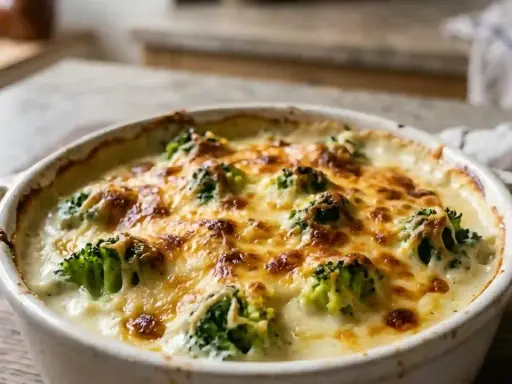 Un gratin de brocolis crémeux et doré, parfait pour une recette réconfortante.