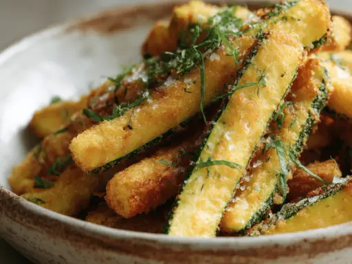 Frites de courgette dorées et croustillantes, saupoudrées d'herbes fraîches et de gros sel, servies dans un bol rustique. Un délice !