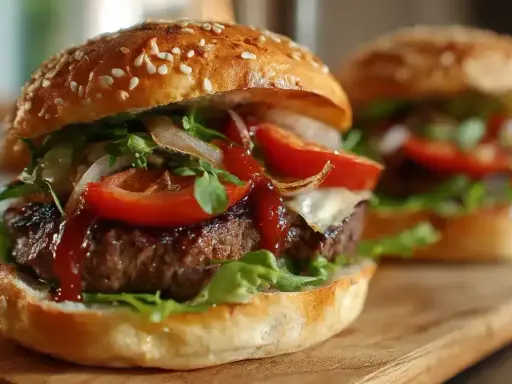 Délicieux hamburger maison, avec steak juteux, fromage fondant, tomates fraîches, oignons caramélisés et laitue croquante. Une recette parfaite pour un repas gourmand.