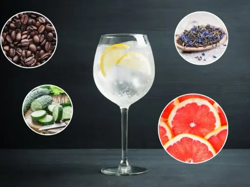 Un verre de gin tonic avec des rondelles de citron, entouré de grains de café, de concombre, de thé et de pamplemousse. Des idées pour savoir avec quoi boire du gin.
