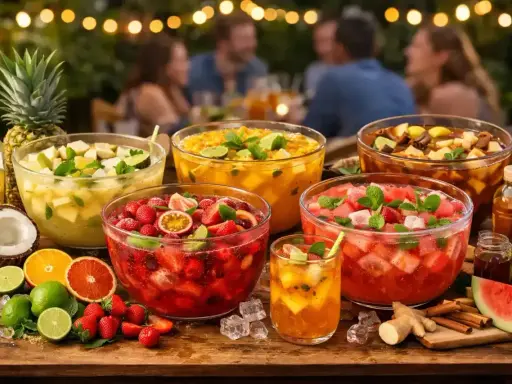 Plusieurs grands bols de punch fruit rouge et d'autres fruits tropicaux, prêts pour une fête d'été.