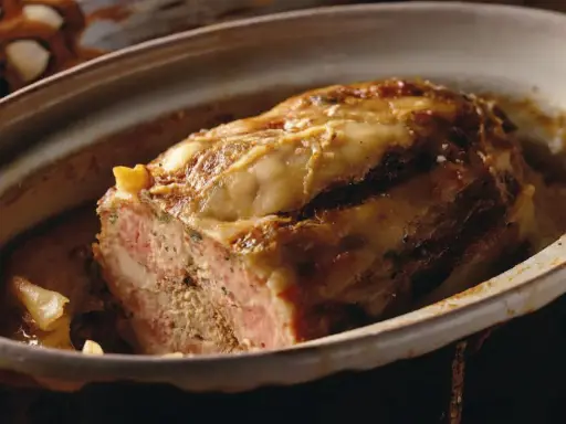 Tranche de terrine de canard dorée et appétissante, servie dans un plat en céramique.