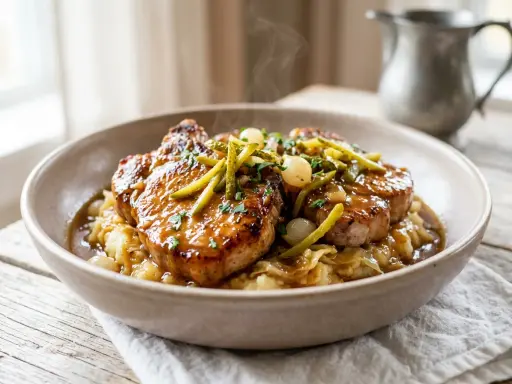 Délicieuse côte de porc charcutière, nappée d'une sauce onctueuse, servie sur un lit de purée et garnie de cornichons et d'oignons grelots.