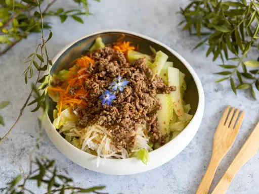 Salade fraîche et colorée avec viande hachée, carottes râpées, concombre et une touche florale. Un plat léger et savoureux.