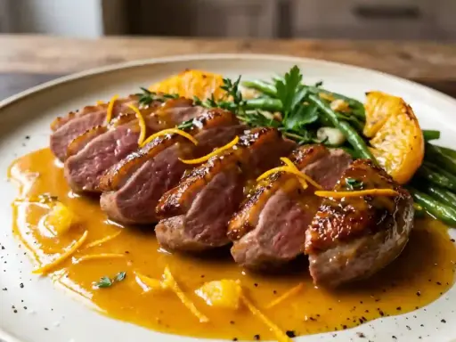 Délicieuse recette aiguillettes de canard à la poêle, nappées d'une sauce orange et accompagnées de haricots verts.
