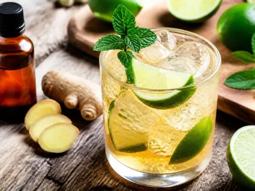 Un verre de mocktail ginger beer rafraîchissant, garni de menthe et de quartiers de citron vert, avec du gingembre frais et une fiole d'extrait à proximité.
