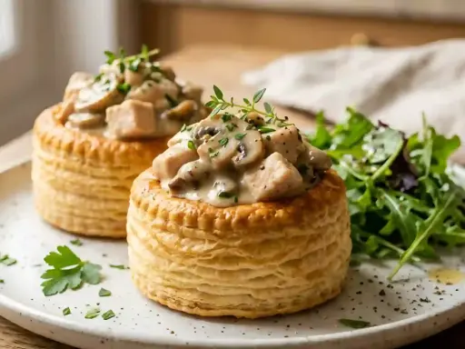 Deux bouchées à la reine poulet garnies de champignons et d'une sauce crémeuse, servies avec une salade verte.