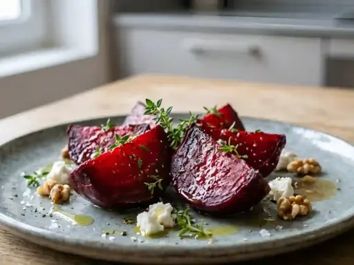 Assiette de betterave rouge cuite, garnie de fromage frais, noix et herbes. Une belle idée pour une recette betterave rouge cuite.