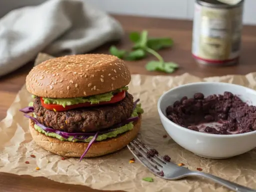 Burger végétarien savoureux avec avocat, tomate et chou rouge. Une recette facile à réaliser pour un repas sain et gourmand.