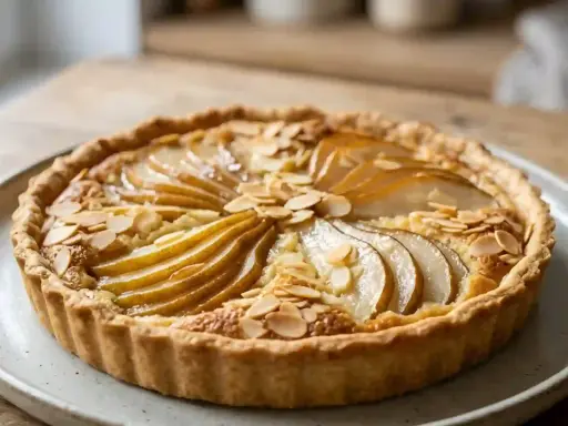 Une délicieuse amandine aux poires, garnie d'amandes effilées, sur une assiette en céramique.