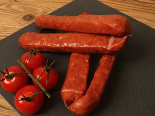 Saucisses sèches et tomates cerises sur une planche d'ardoise, parfait pour une recette de saucisse gendarme.
