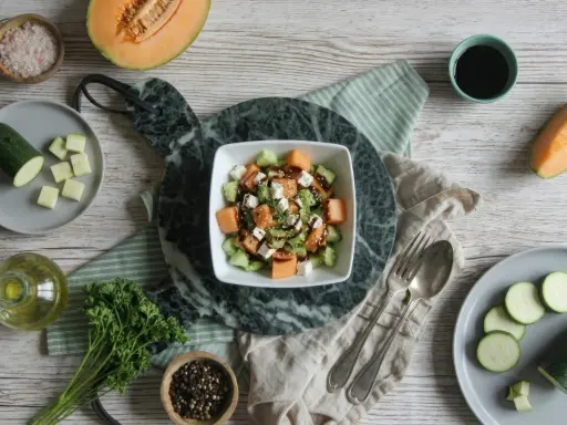 Salade fraîche et colorée : pastèque, melon, concombre, feta, arrosée d'une vinaigrette. Parfait pour l'été !