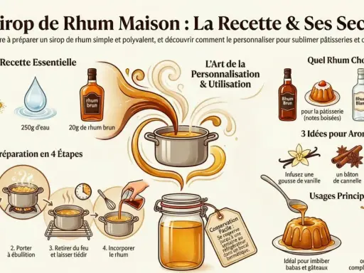 Recette de sirop de rhum maison : sucre, eau, rhum brun. Idéal pour imbiber babas et gâteaux, ou pour sucrer vos cocktails.