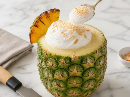 Un délice tropical : un pina colada sans alcool servi dans un ananas évidé, garni de crème et de noix de coco râpée.