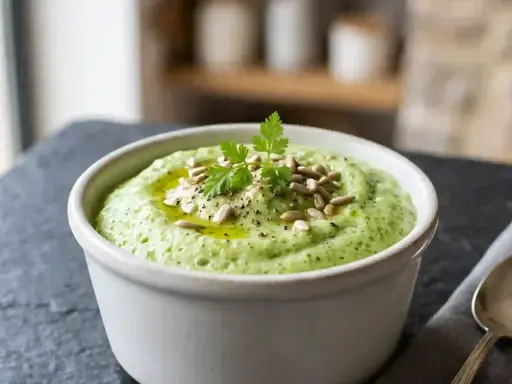 Un bol de purée de brocolis onctueuse, garnie de graines de tournesol, d'huile d'olive et de persil frais.