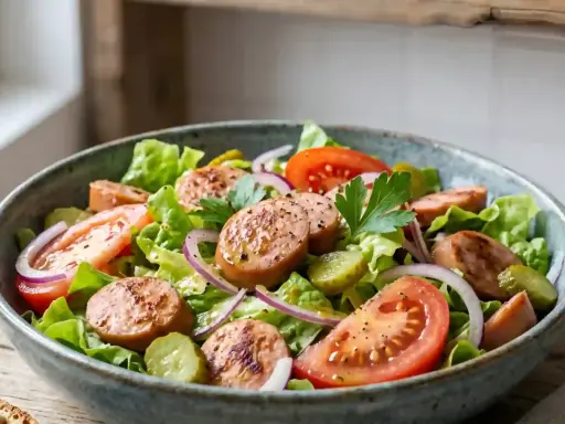 Salade de cervelas fraîche avec tomates, oignons rouges, cornichons et persil, assaisonnée d'une vinaigrette légère.