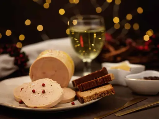 Tranche de foie gras sur une assiette, accompagnée de pain d'épices et d'un verre de vin blanc. Ambiance festive avec des lumières scintillantes.