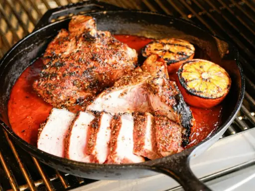 Un savoureux t bone de veau, coupé en tranches, mijote dans une sauce rouge avec des quartiers d'orange grillés dans une poêle en fonte sur un grill.