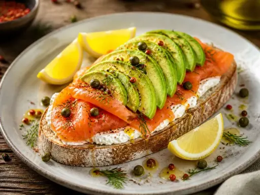 Un toast gourmand avec avocat, saumon fumé, fromage frais, câpres et citron. Un délice pour les papilles !