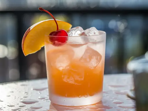 Cocktail rafraîchissant au jus d'abricot et alcool, garni d'une cerise et d'une tranche de pêche.