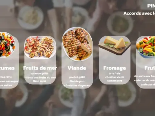 Le Pinot Noir s'accorde avec des légumes rôtis, des fruits de mer, de la viande grillée, du fromage et des fruits.