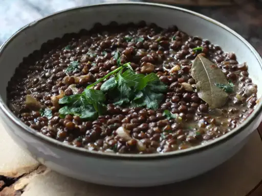 Un plat de cuisson lentilles vertes, garni de persil frais et d'une feuille de laurier.