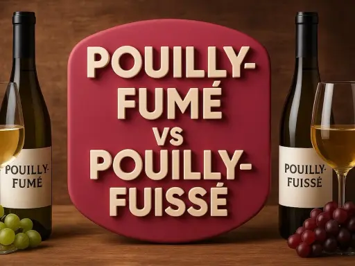 Bouteilles et verres de vin blanc, avec une étiquette comparant Pouilly-Fumé et Pouilly-Fuissé.