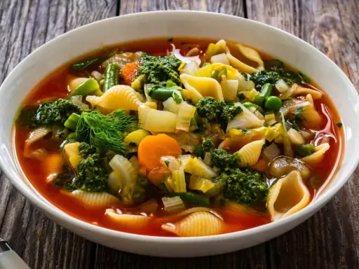 Soupe au pistou recette de chef : un plat coloré de légumes frais, pâtes et pesto, servi dans un bol blanc sur fond de bois.