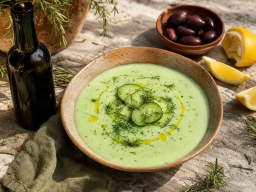 Un bol de soupe de concombre froide, garni de rondelles de concombre et d'aneth, avec des olives, du citron et une bouteille d'huile d'olive.