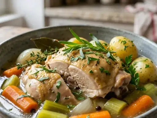 Un plat réconfortant : poule au pot façon grand-mère. Morceaux de poulet tendres, carottes, céleri, oignons et pommes de terre dans un bouillon savoureux.