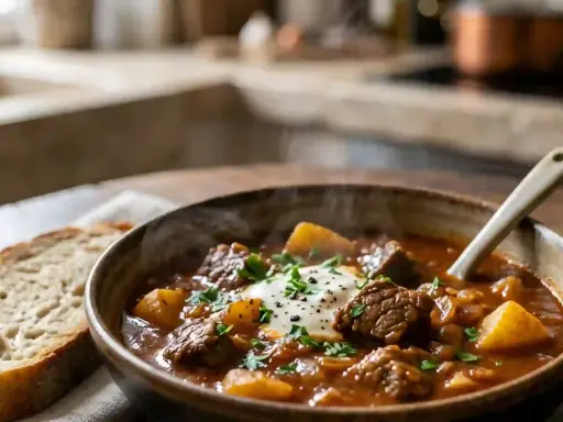 Un bol fumant de recette goulash hongroise traditionnelle, garni de crème et de persil, avec une tranche de pain rustique à côté.