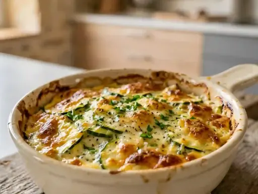 Un délicieux gratin de courgettes moelleux, doré et gratiné, garni de persil frais. Parfait pour un repas réconfortant.