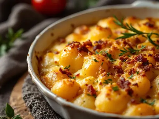 Un délicieux gratin de pommes de terre et lardons, doré et gratiné, garni de persil frais et d'une touche de romarin.