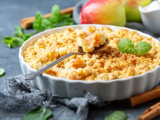 Un délicieux crumble aux pommes, prêt à être dégusté. Une recette réconfortante pour un dessert parfait.