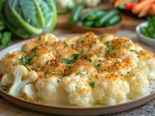 Un gratin de légumes facile et léger, composé de fleurettes de chou-fleur dorées et parsemées de persil frais.