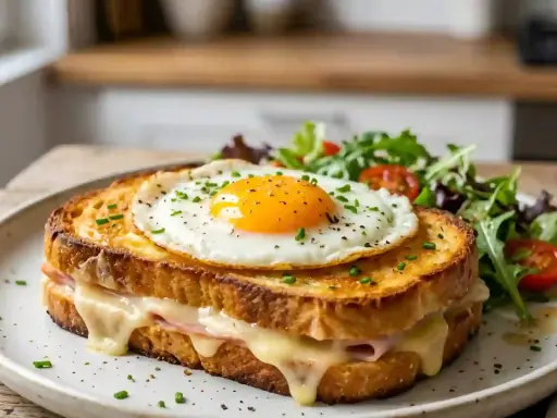Un délicieux croque madame, avec son œuf au plat coulant, son jambon et son fromage fondant, servi avec une salade verte. Parfait pour une recette facile et gourmande.