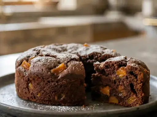 Gâteau chocolat abricot, saupoudré de sucre glace, avec une part coupée révélant des morceaux d'abricot juteux.